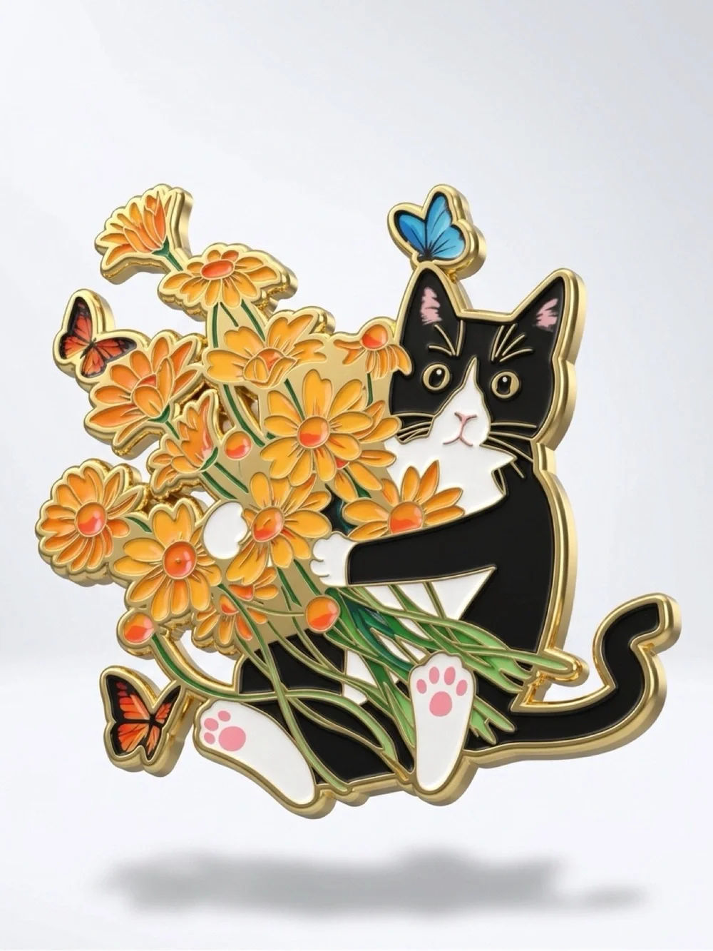 Summer time Black & White Cat Brooch with Orange Flowers and Butterflies
